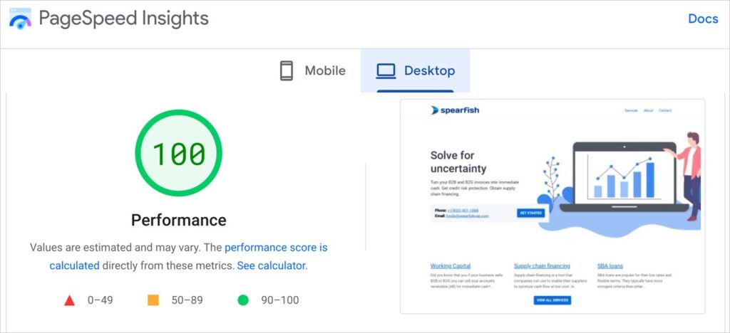google pagespeed insights analysis of a site