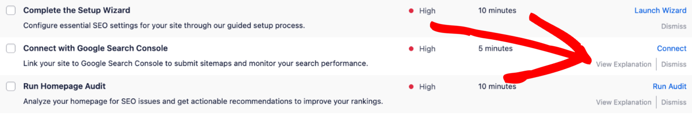 Action links shown in the Action column of the SEO Checklist