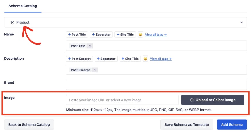 Field to upload an image to product schema settings.