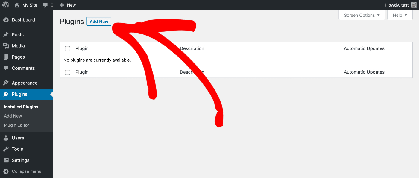 Botón Añadir nuevo en la pantalla de Plugins en WordPress