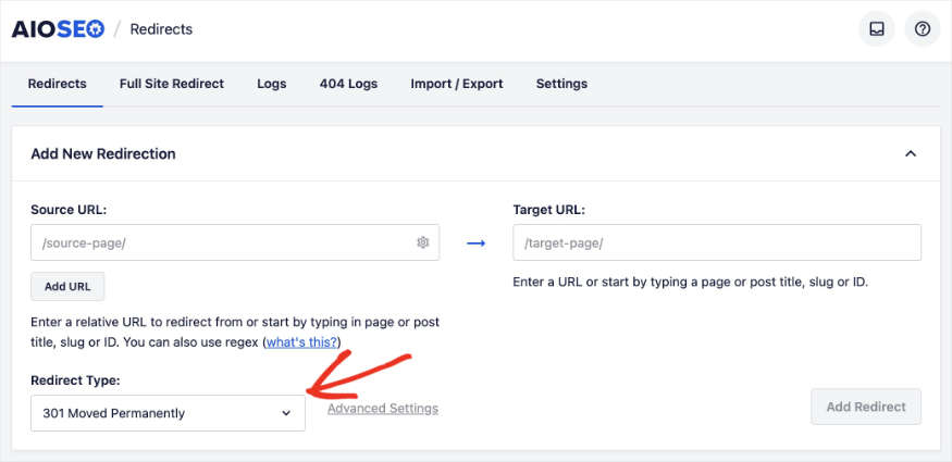 Add Automatic Redirects Add permanenet redirects with AIOSEO Redirection Manager.
