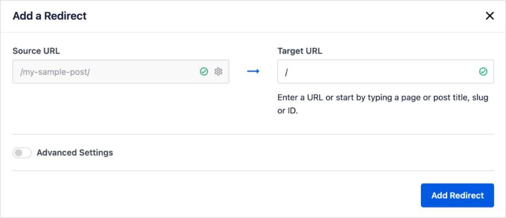 Settings to add a WordPress redirect in All in One SEO.