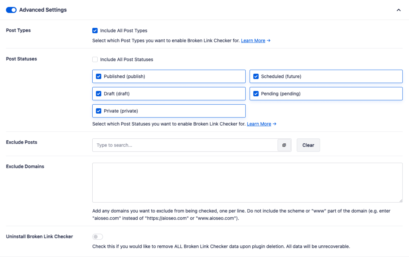 Advanced Settings in ​Broken Link Checker 