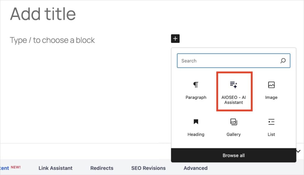 AIOSEO - AI Assistant Block AI Assistant block in the WordPress editor.
