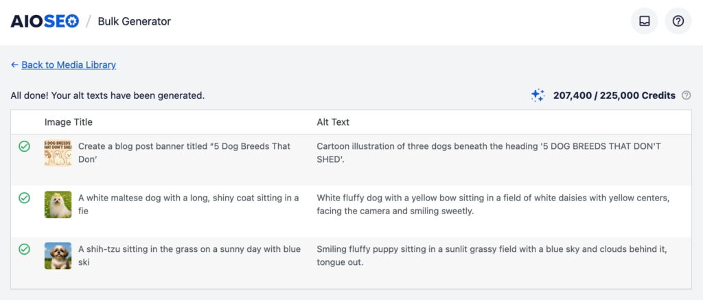 Bulk Generator results: a table showing three images with generated alt texts for each item (informational interface). For the first row: cartoon illustration of three dogs beneath the heading '5 DOG BREEDS THAT DON'T SHED'. The second row: a white fluffy Maltese dog with a long coat sitting in a field. The third row: a Shih-Tzu sitting in grass on a sunny day with a blue sky and clouds in the background. Bulk Generator results: a table showing three images with generated alt texts for each item (informational interface). For the first row: cartoon illustration of three dogs beneath the heading '5 DOG BREEDS THAT DON'T SHED'. The second row: a white fluffy Maltese dog with a long coat sitting in a field. The third row: a Shih-Tzu sitting in grass on a sunny day with a blue sky and clouds in the background.