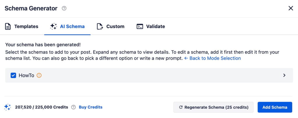 Generated Schema Types The AI Schema Generator created HowTo schema for a WordPress post.