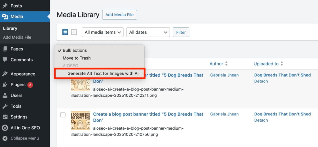 Bulk AI Image Alt Text Generation Media library bulk actions with option to generate alt text for images with AI.