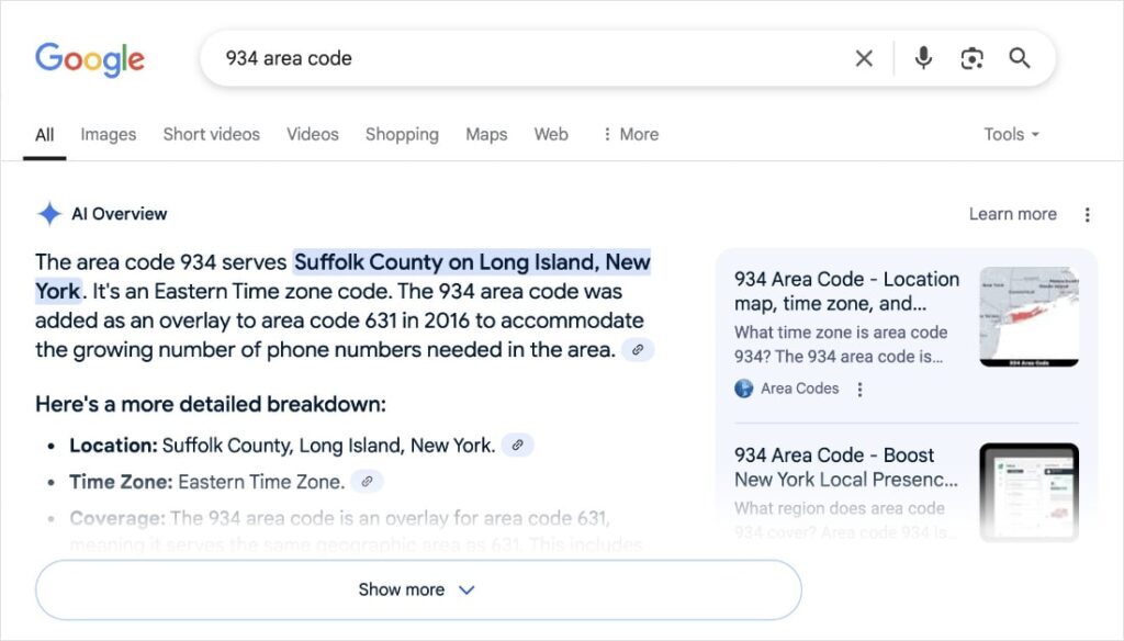 Google AI Overview for the query 934 area code.