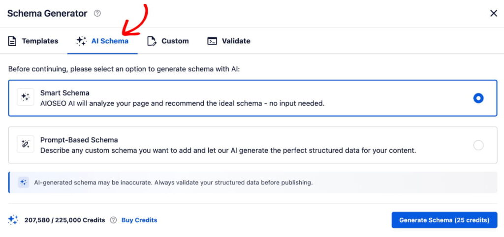 Smart Schema AI schema generator in WordPress shows a smart schema option.