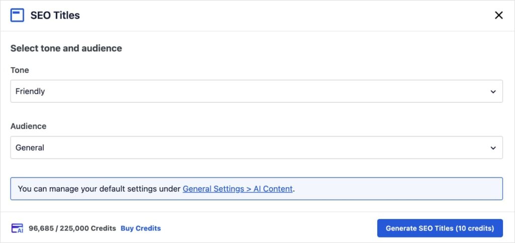 AI Settings for SEO Titles Options to generate an AI SEO title.