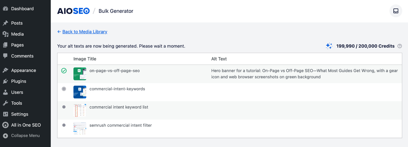 Progress screen showing All in One SEO generating Alt text using AI
