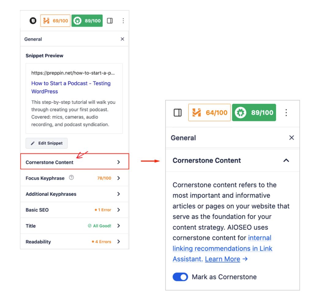 aioseo cornerstone content feature