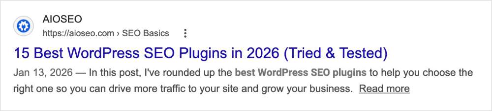Google Search Listing Google search listing shows the SEO title and meta description for an AIOSEO blog.