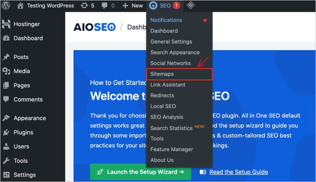 Sitemap option in the AIOSEO menu