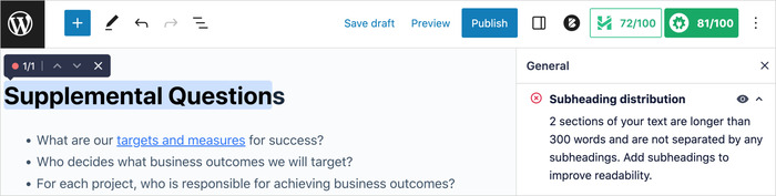 A snapshot of AIOSEO TruSEO Highlighter feature showing readability recommendations inside the WordPress editor.