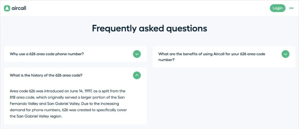 FAQs at the bottom of an Aircall area code page.