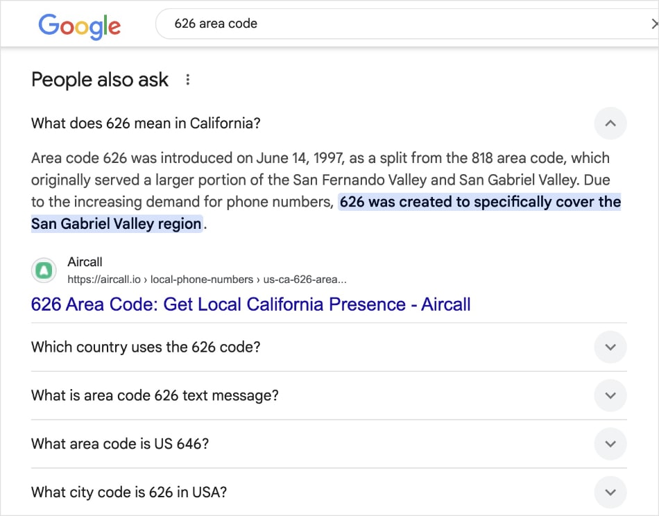 Google People Also As box shows a question and answer from Aircall about the 626 area code.
