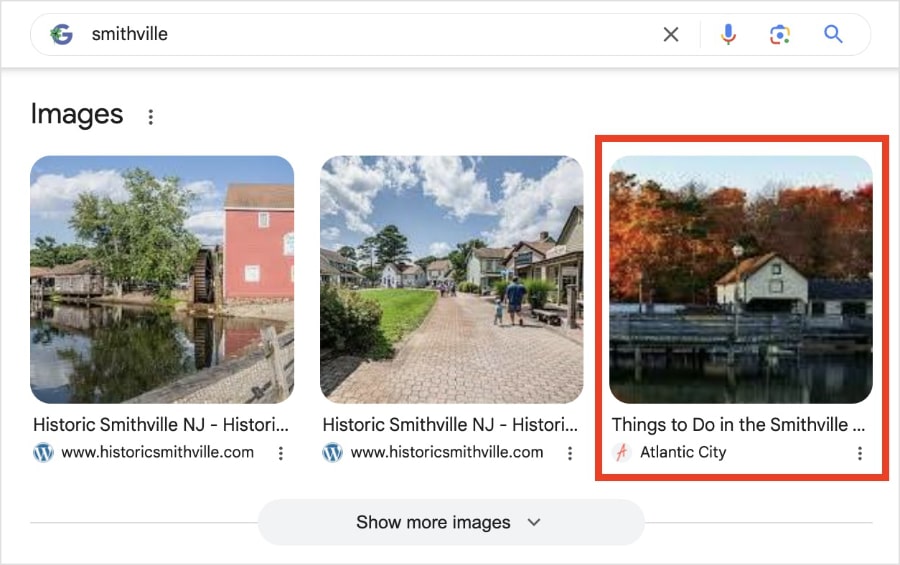Google Image Pack shows a result of a Smithville photo from Visit Atlantic City.