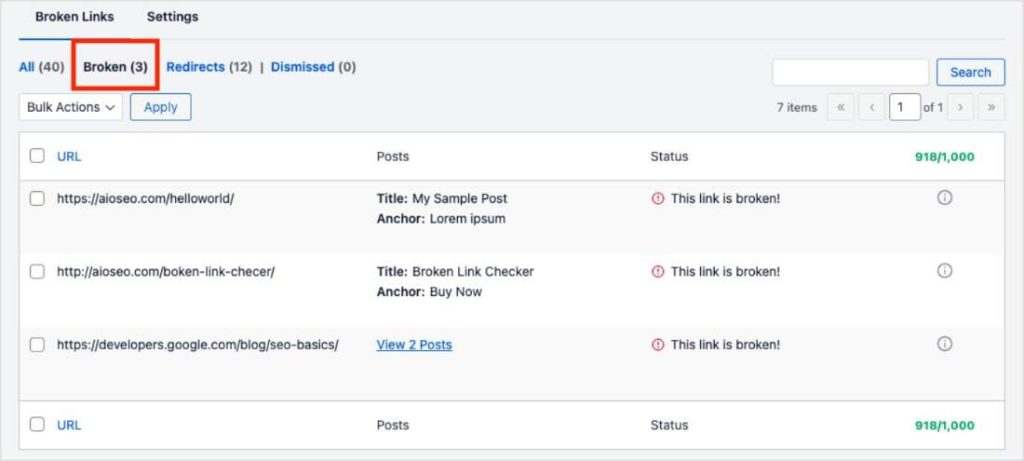 Broken tab in the Broken Link Checker tool.