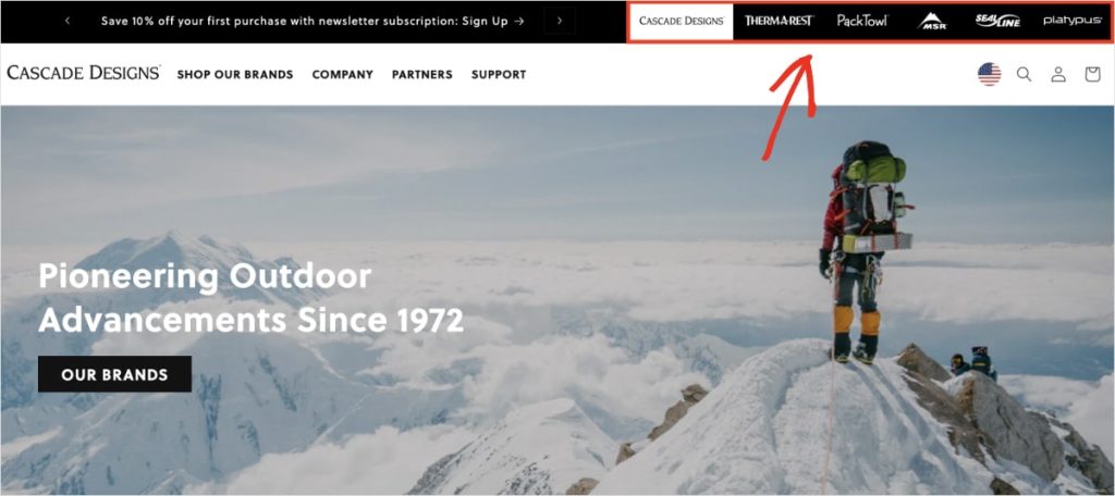 Cascade Designs homepage shows a menu with all brands.