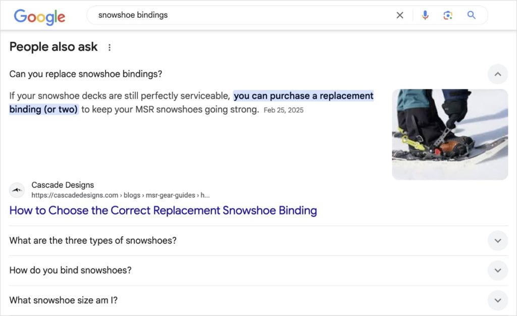 Google People Also Ask shows a result from Cascade Designs abuot replacement showshoe bindings.