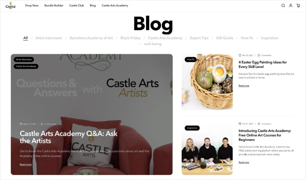 Castle Arts blog shows art-related articles.