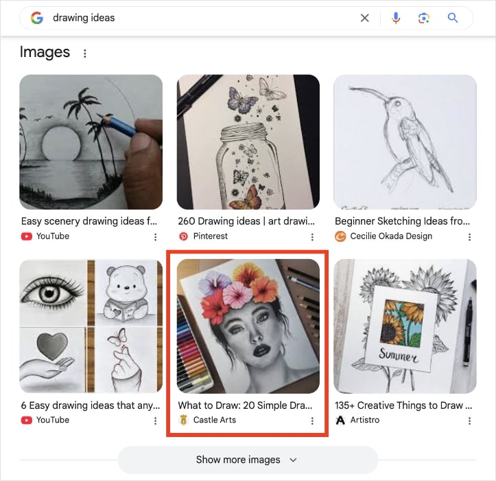 Google Image Pack for the query drawing ideas shows an image from Castle Arts.