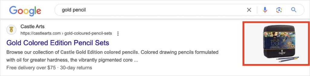 Google image snippet for the query gold pencil shows a result from Castle Arts with a picture.