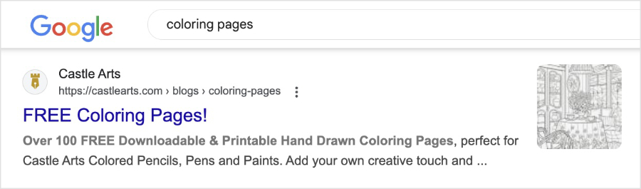 Google search listing for a Castle Arts blog post with coloring pages.
