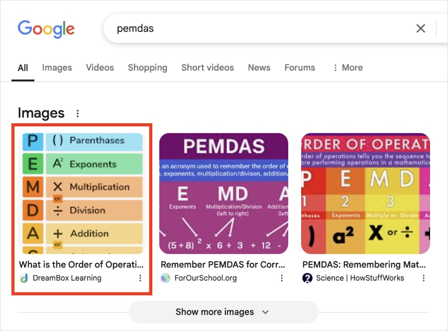 DreamBox appears in the Google Image Pack for the query pemdas.