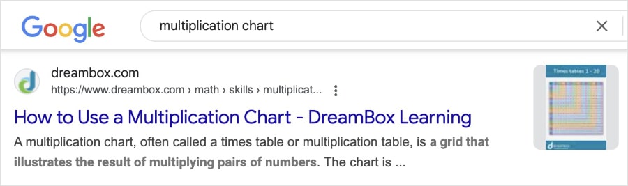 Google image snippet shows the multiplication chart next to the DreamBox search listing.