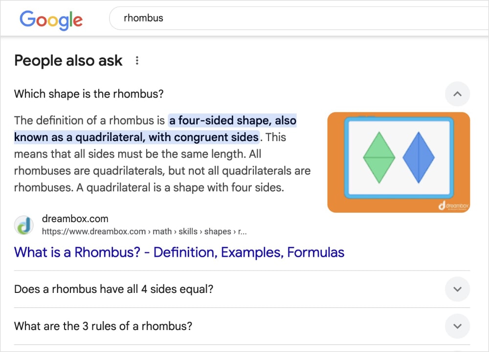 Google people also ask box with a result rom DreamBox.