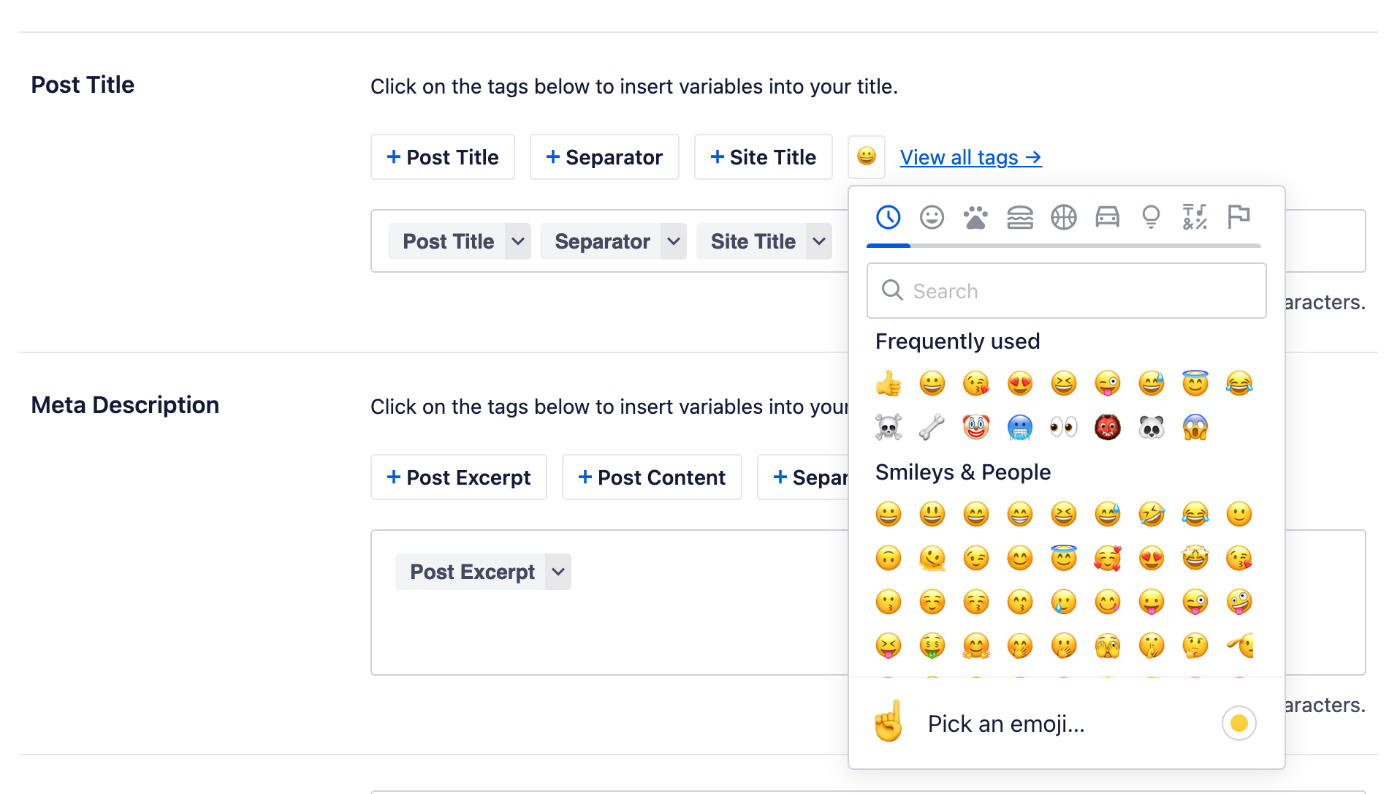 Selector de emojis en All in One SEO mostrado en la pantalla de Edición de la publicación