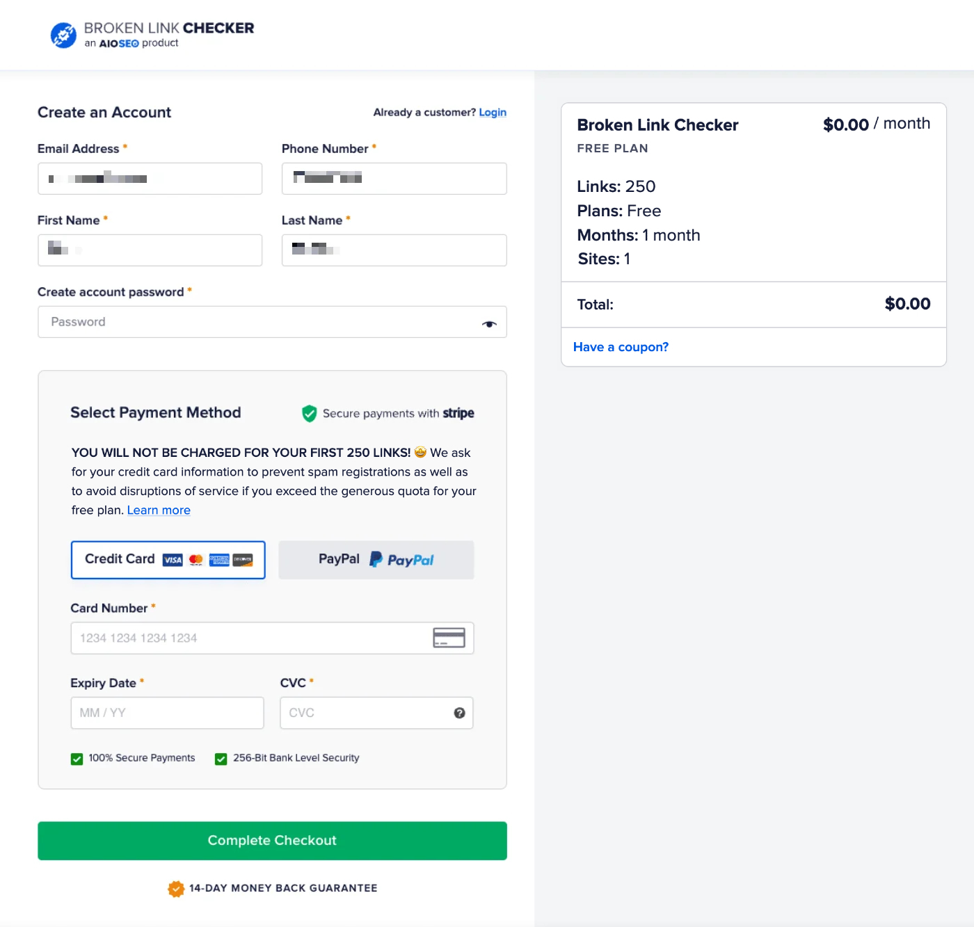 Create an Account popup for ​Broken Link Checker that shows the Create account password and payment fields