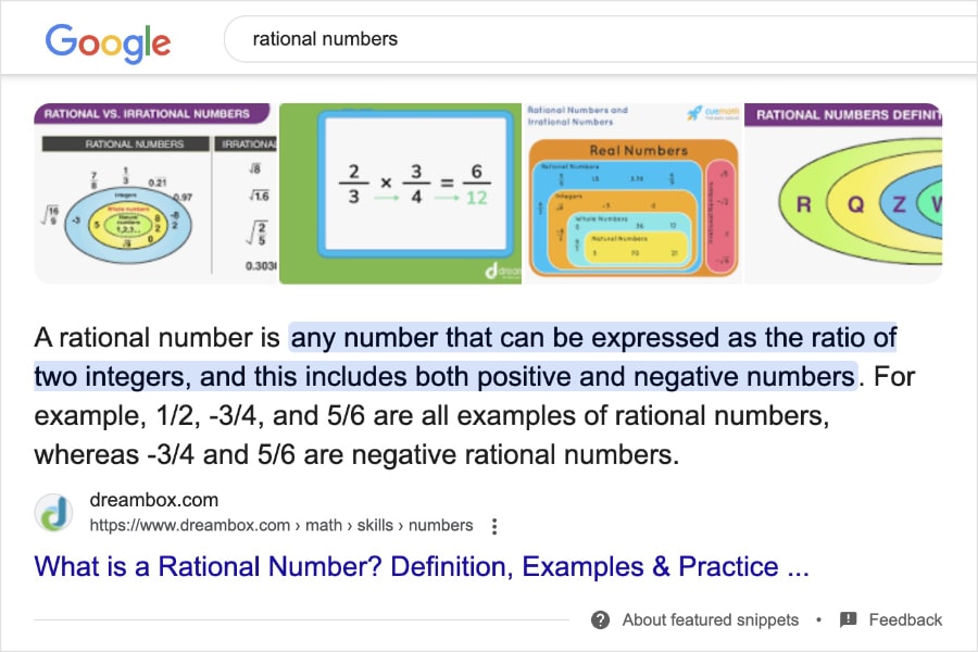 Google featured snippet shows a result from DreamBox explaining rational numbers.