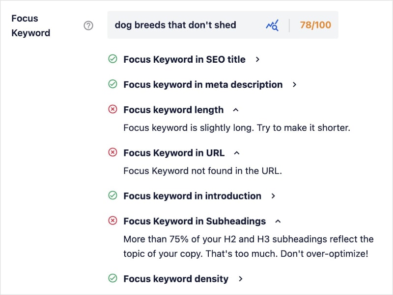 Focus Keyword Checklist Focus keyword checklist gives actionable feedback.