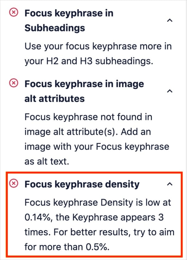 Keyword Density Insights TruSEO feedback says the keyword density is too low.