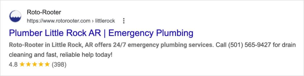 Google search listing of an emergency plumber in Little Rock, Arizona.