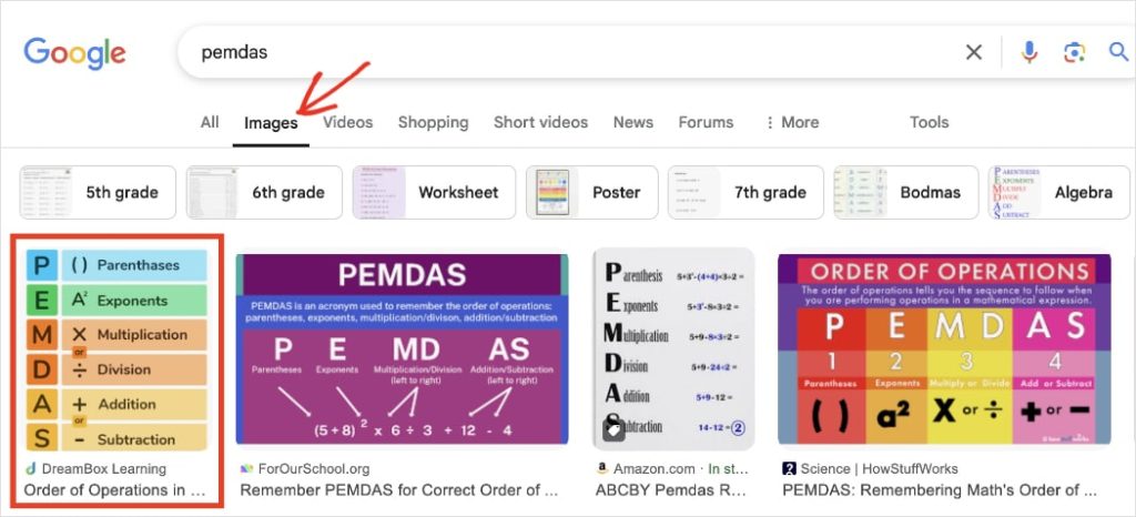 Google Images results shows the earlier pemdas image from DreamBox.