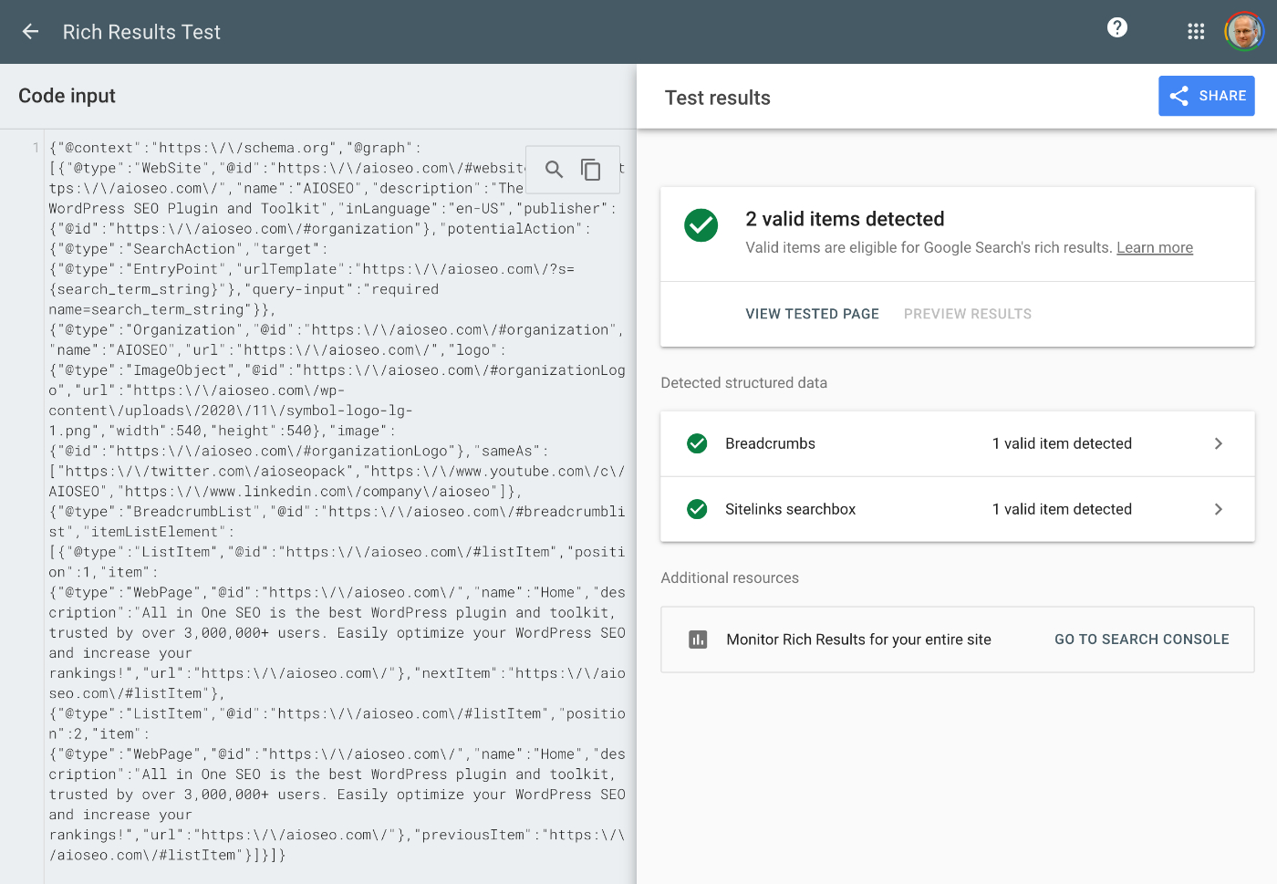 Herramienta de Pruebas de Snippets Enriquecidos de Google mostrando resultados