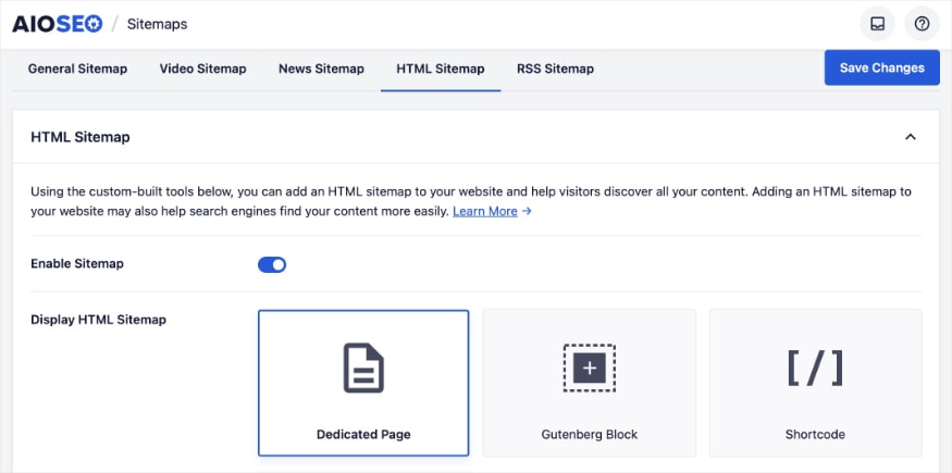 HTML sitemap settings in AIOSEO.