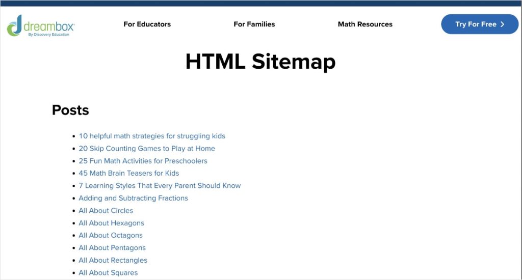 HTML sitemap on Dreambox website.