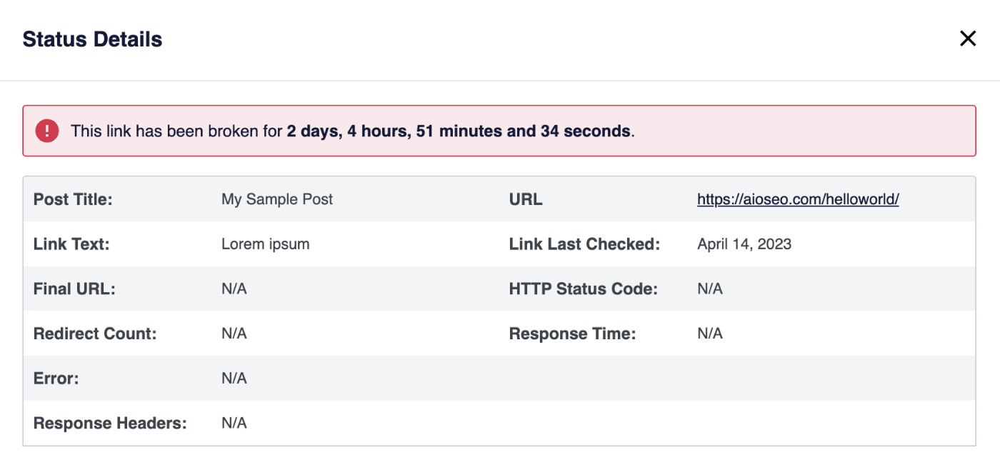 Information popup shown for a broken link