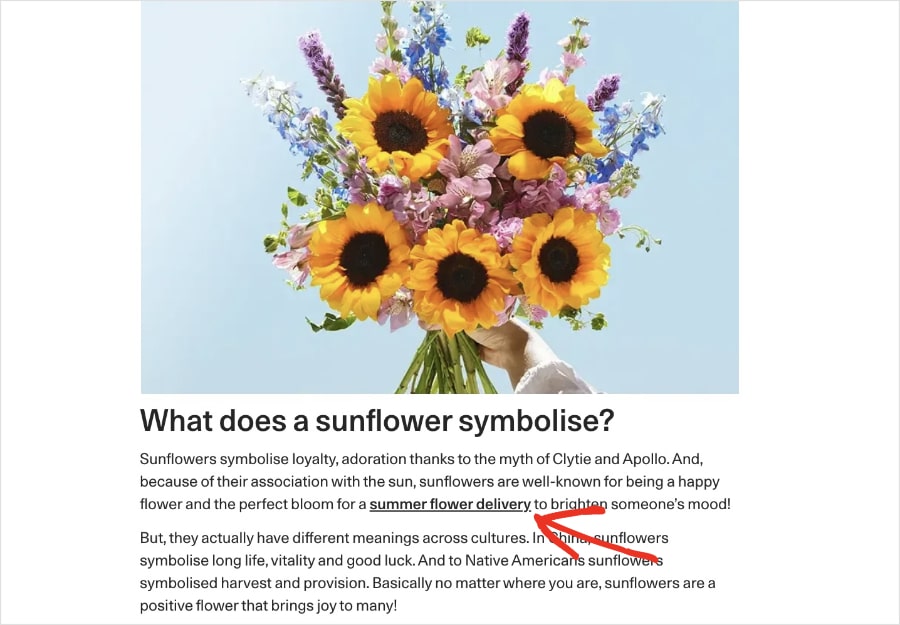 Bloom & Wild blog post shows an internal link to a product page.