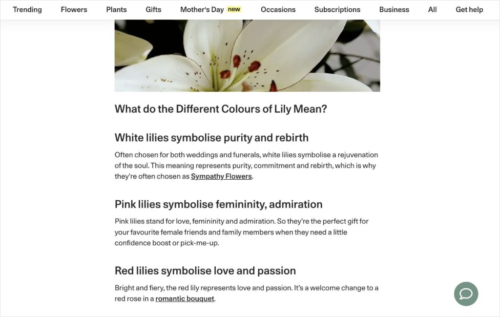 Bloom & Wild blog post about lilies is optimized for readability.
