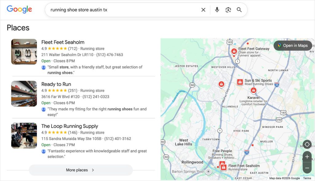 Google Local Pack for running shoe sores in Austin, Texas.