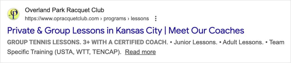 Google search result shows an optimized listing for tennis lessons in Kansas City.