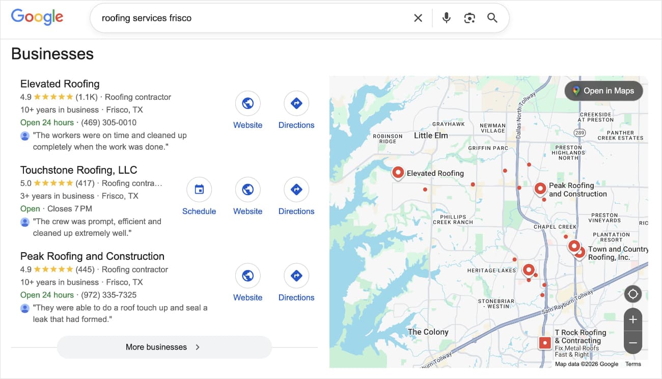 Local pack in Google search results for roofing services in Frisco.