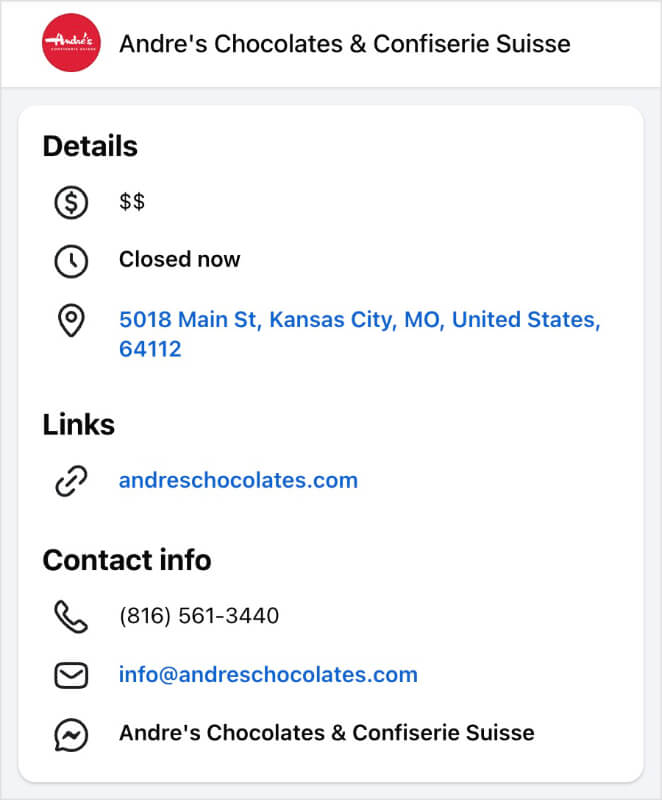 Facebook NAP details for a Kansas City restaurant.