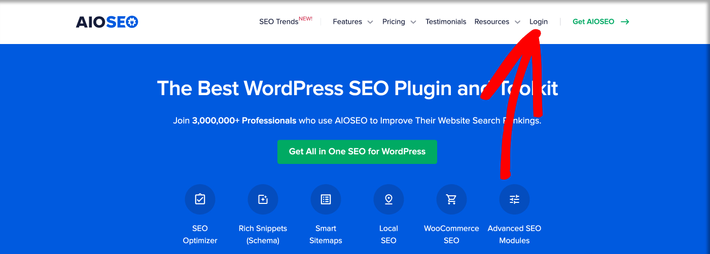 Login link shown in the top-right corner of the aioseo.com website